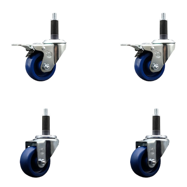 3'' Solid Poly Swivel 1'' Expanding Stem Caster Set 2 Total Lock Brakes, 4PK